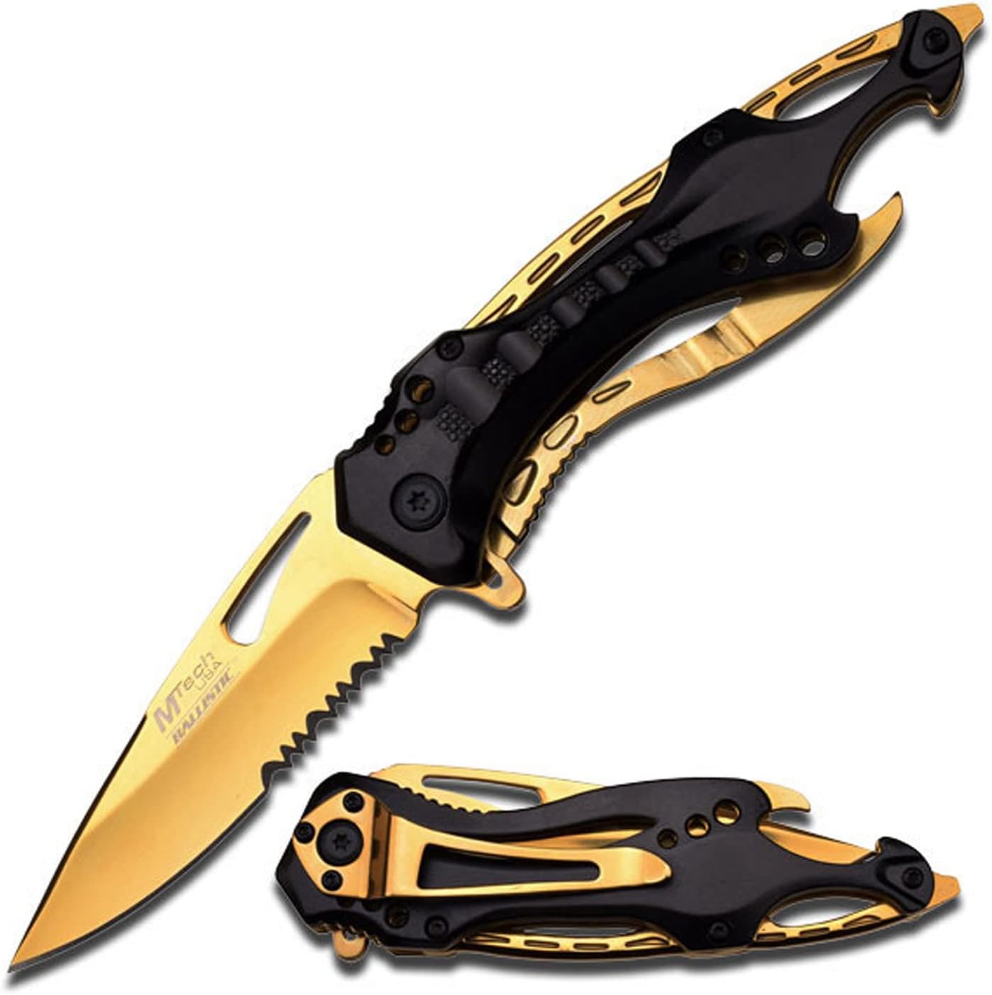 MTech USA Ballistic folding knife with a gold blade and black scales over a gold skeletonized frame, shown open and closed