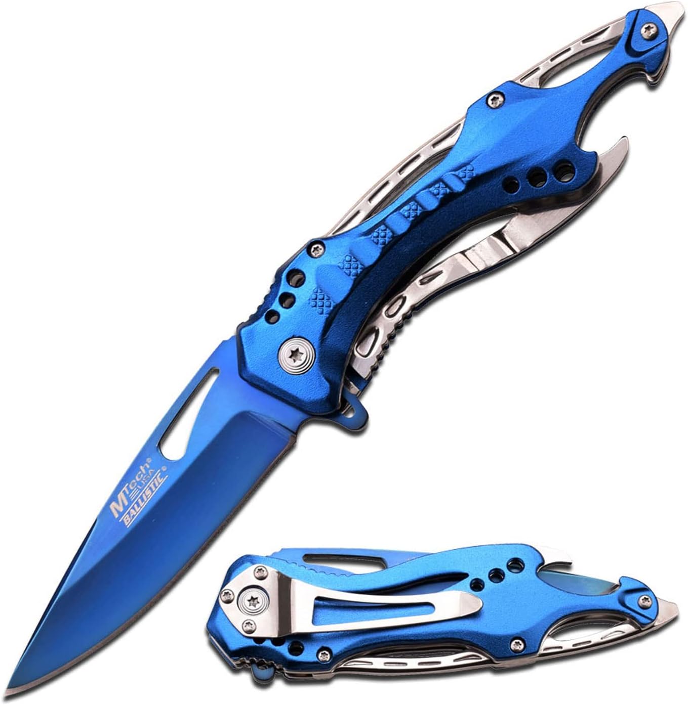 Blue MTech USA Ballistic assisted-opening folding knife shown open and closed, blue anodized aluminum handle over a skeletonized frame with a pocket clip