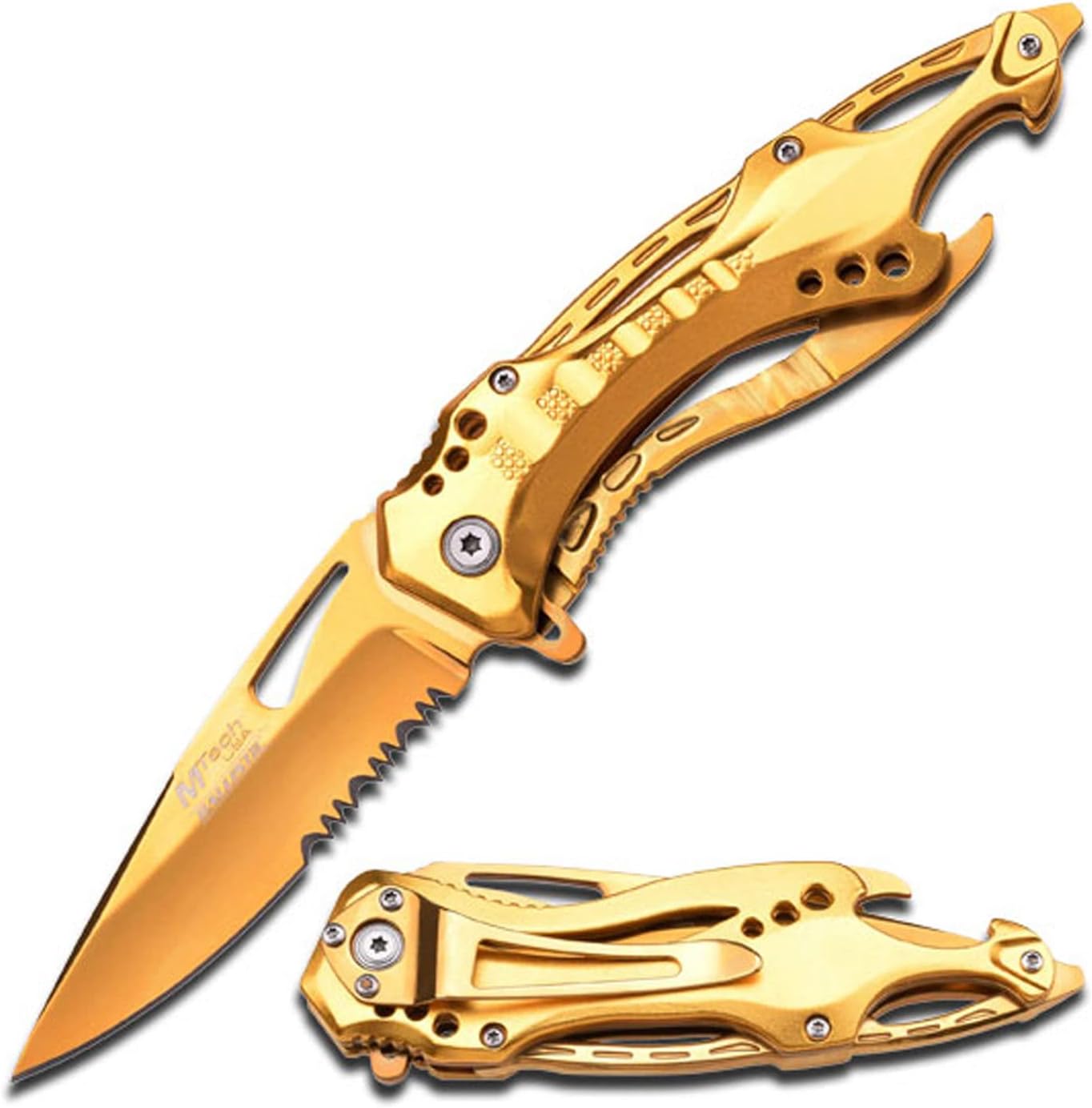 MTech USA Ballistic folding knife with a gold titanium-coated partially serrated blade and a black handle with gold accents