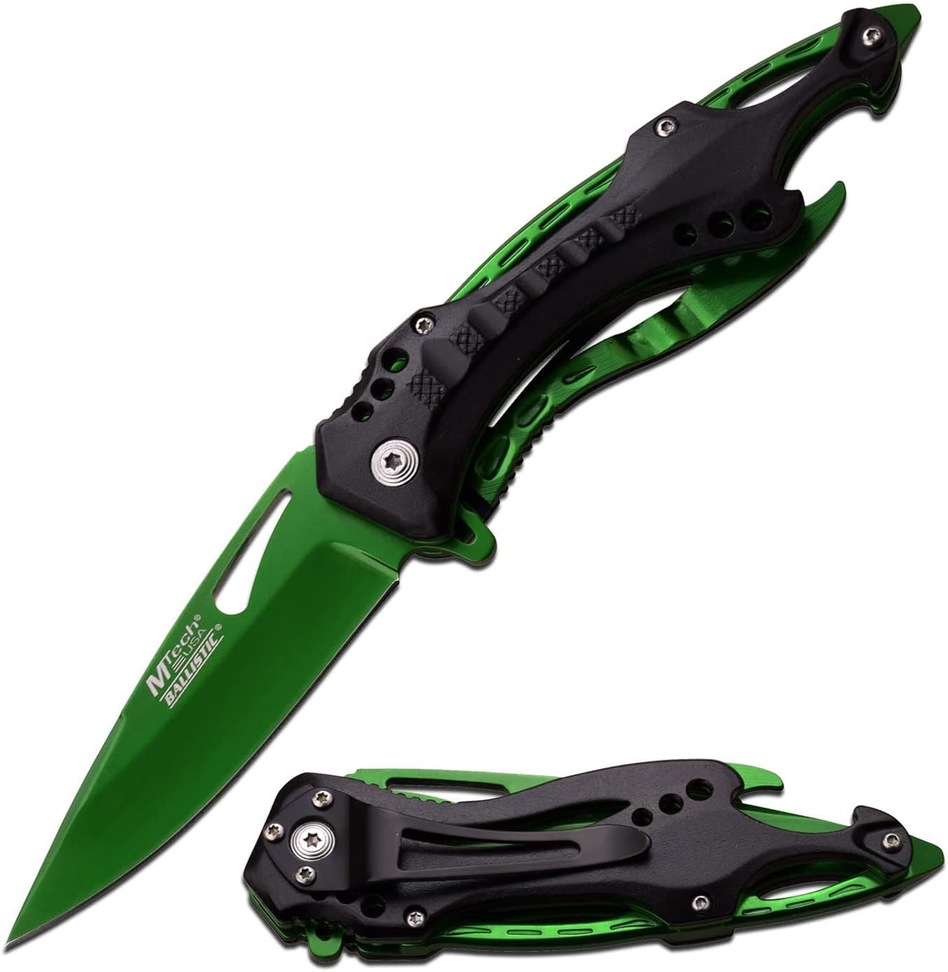 MTech USA Ballistic folding knife with a green coated plain edge blade and a black and green aluminum handle
