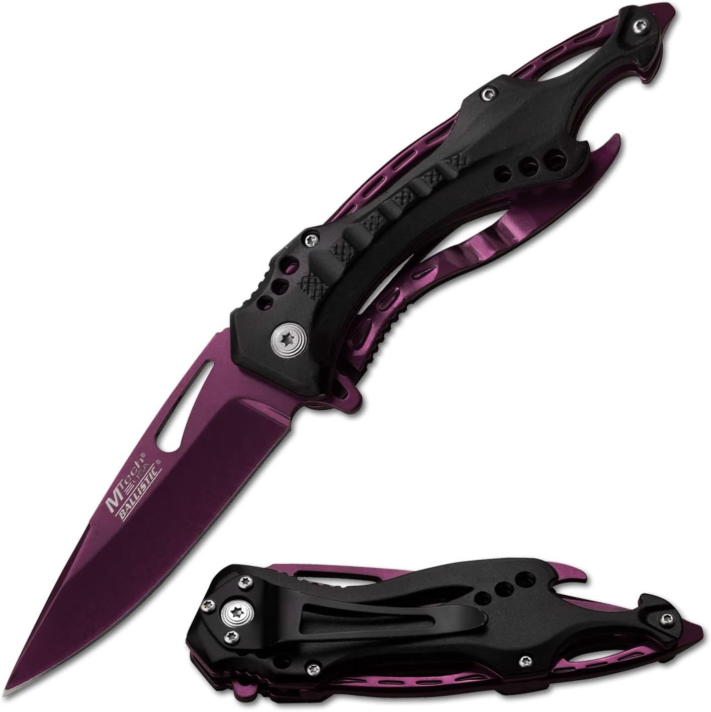 MTech USA Ballistic folding knife with a purple coated blade and a black and purple aluminum handle with a pocket clip