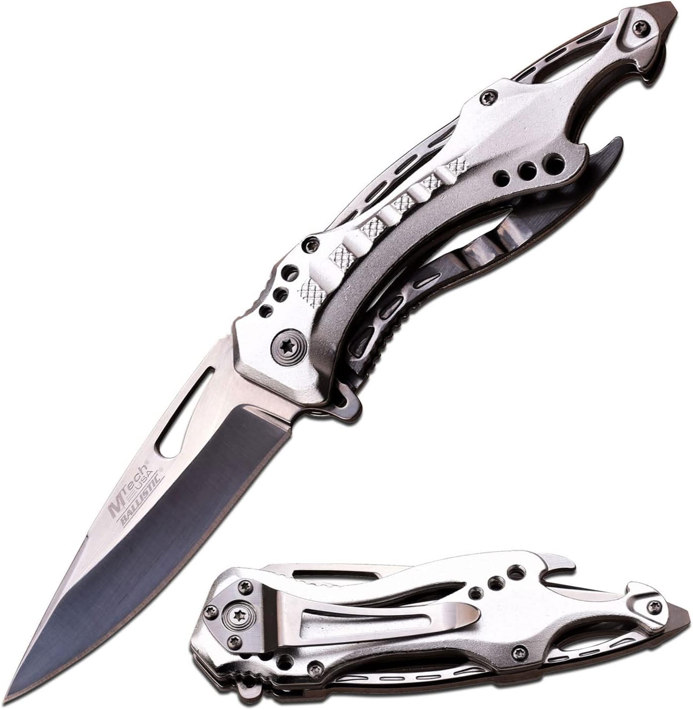MTech USA Ballistic folding knife with a satin finish blade and a bare silver aluminum handle