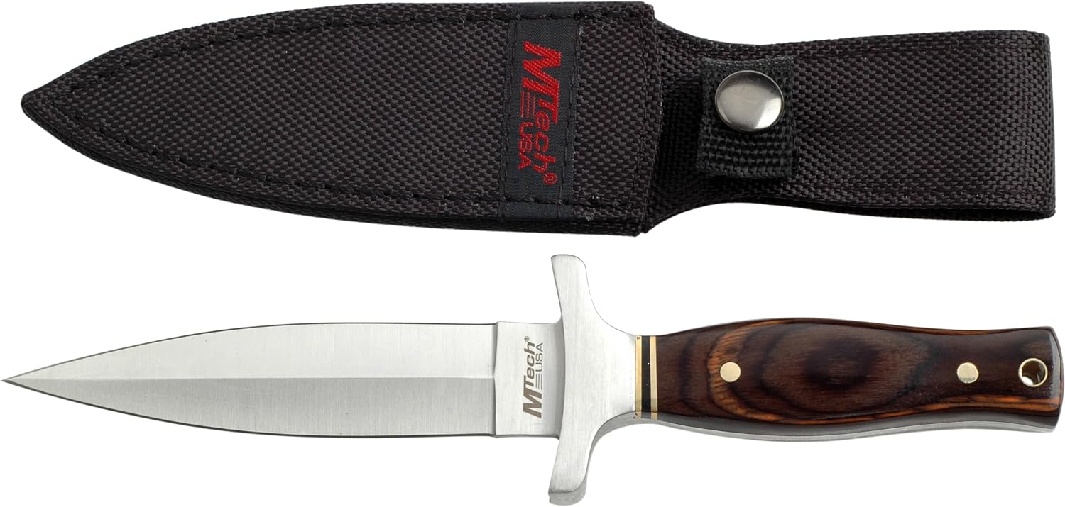 MTech USA boot knife with a satin double edge spear point blade, brass spacer, wood handle and a black nylon belt sheath
