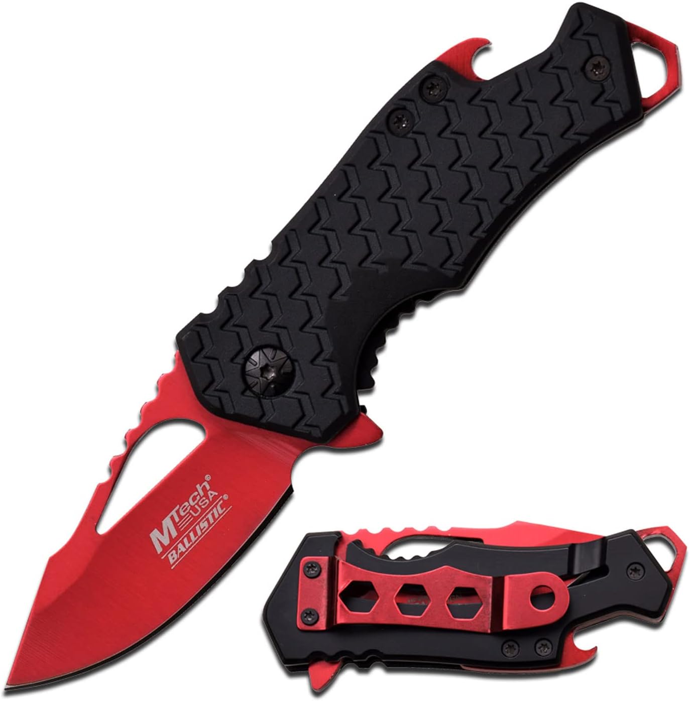 MTech USA compact folding knife with a red coated blade, black tread-pattern rubberized handle, pocket clip with hex cutouts and a bottle opener