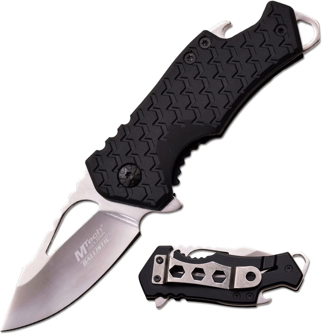 MTech USA compact folding knife with a satin blade, finger hole and black tread-pattern handle