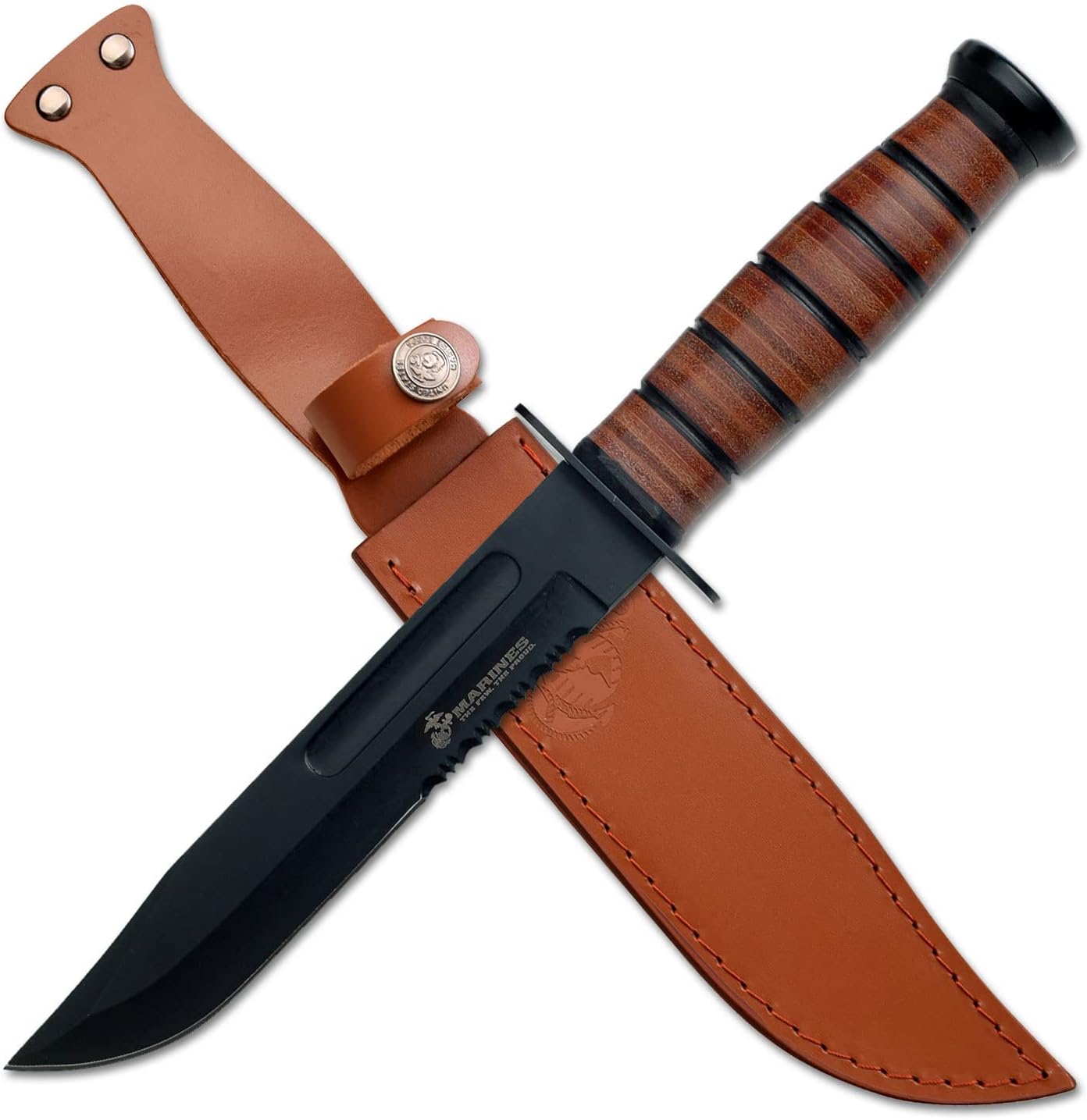 MTech USA fixed blade knife with a black partially serrated clip point blade, stacked leather handle and a brown leather sheath with a Marines emblem