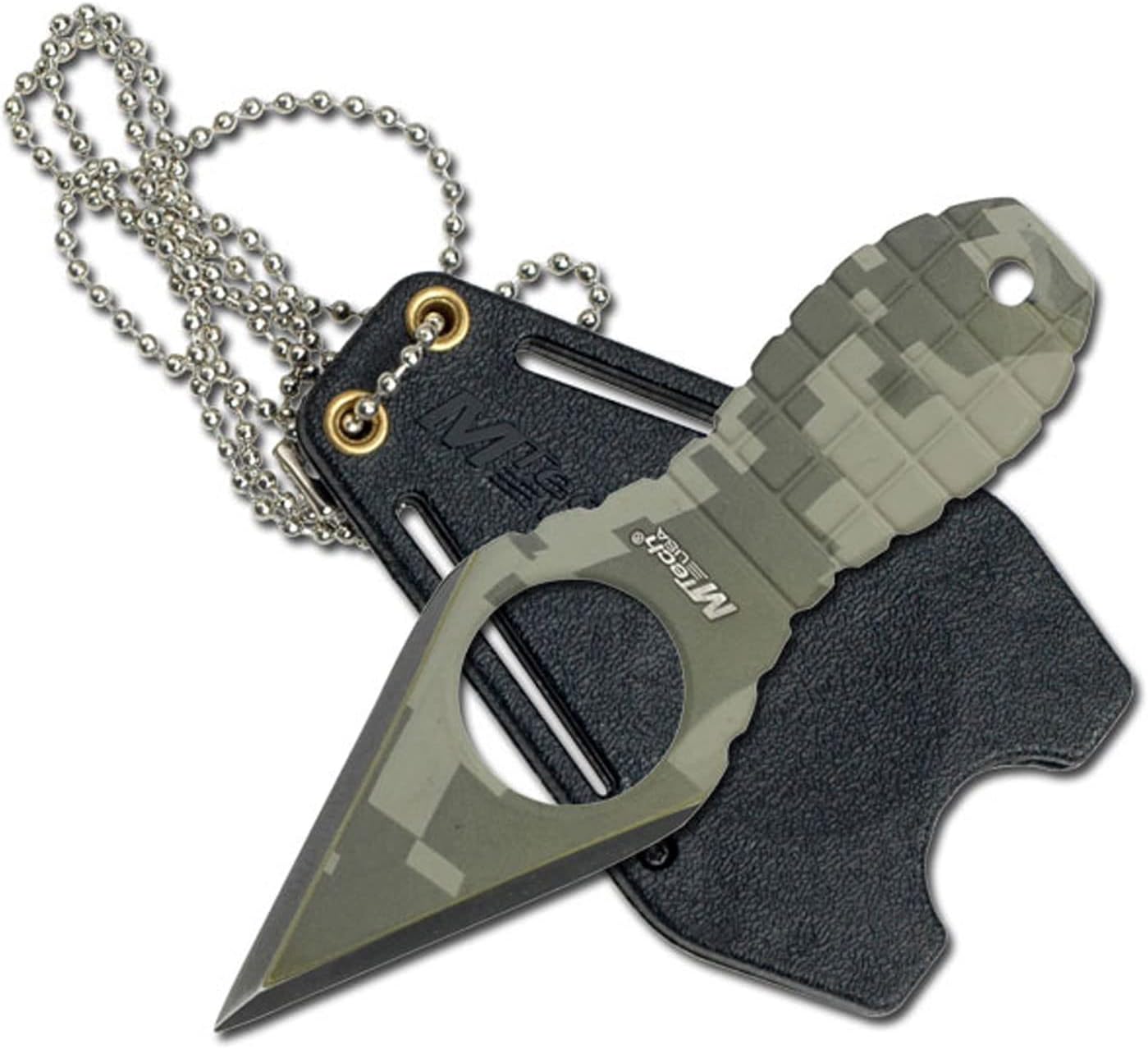MTech USA full tang neck knife with a digital camo coated blade and finger hole, shown with its molded sheath and ball chain