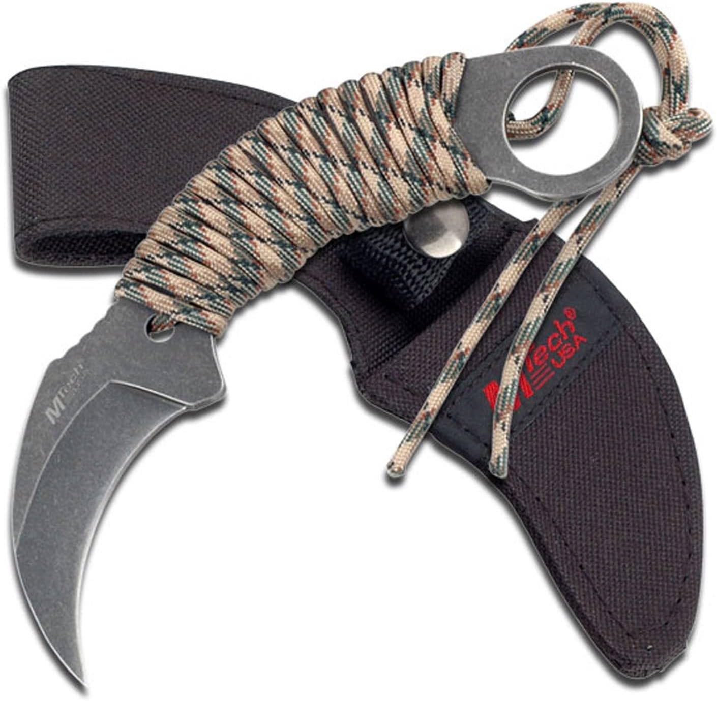 MTech USA karambit with a stonewashed hawkbill blade, finger ring, digital camo paracord wrapped handle and a black nylon sheath