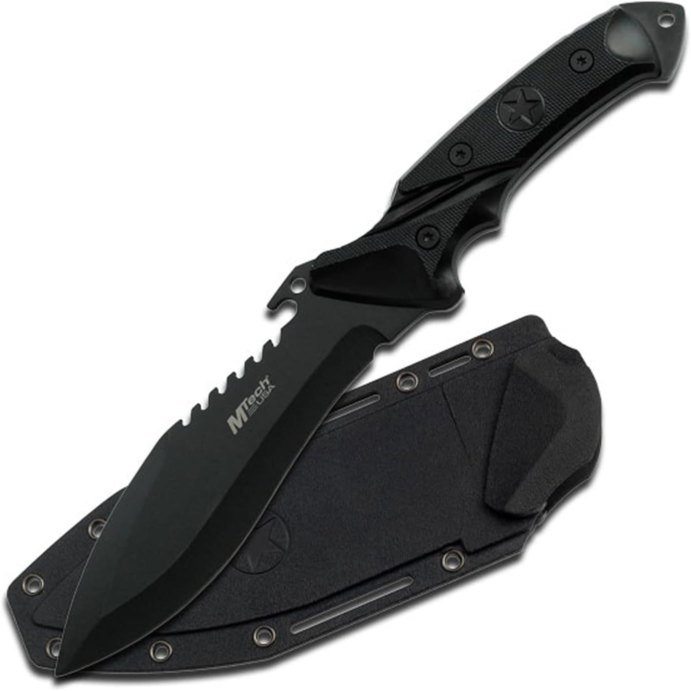 MTech USA MT-20-12 fixed blade knife with a black drop point blade and black handle, next to a black nylon sheath with a red MTech USA logo