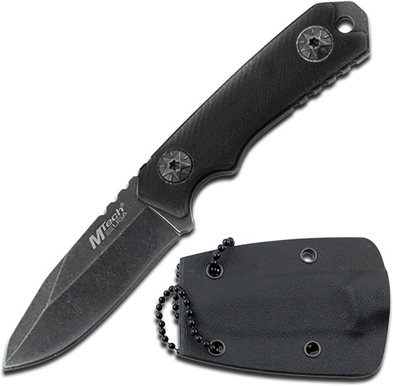MTech USA MT-20-30 neck knife with a stonewashed drop point blade and black G10 scales, beside its molded sheath on a black ball chain