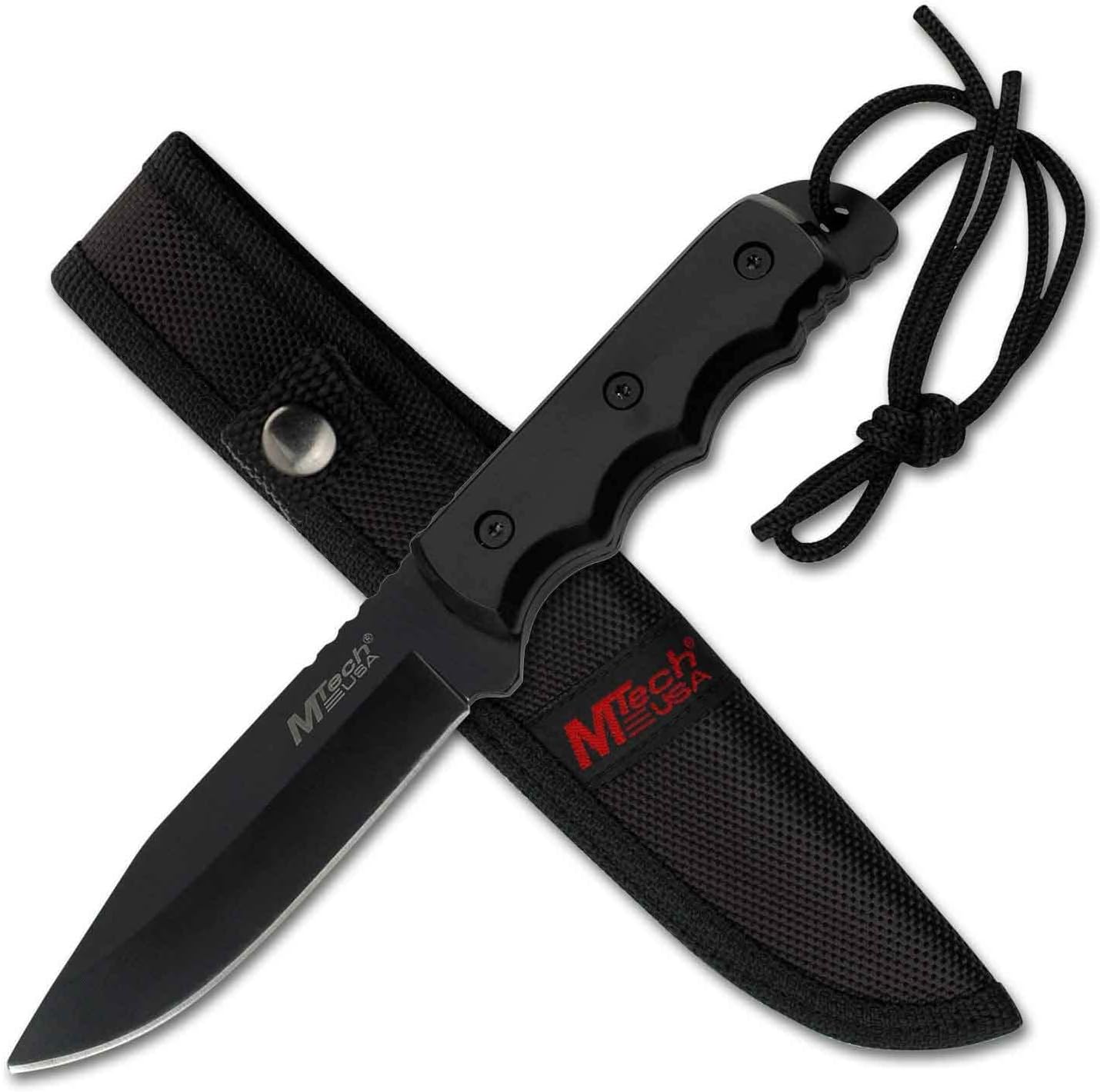 MTech USA MT-20-35 black coated fixed blade knife with sawback spine teeth and a molded black belt sheath