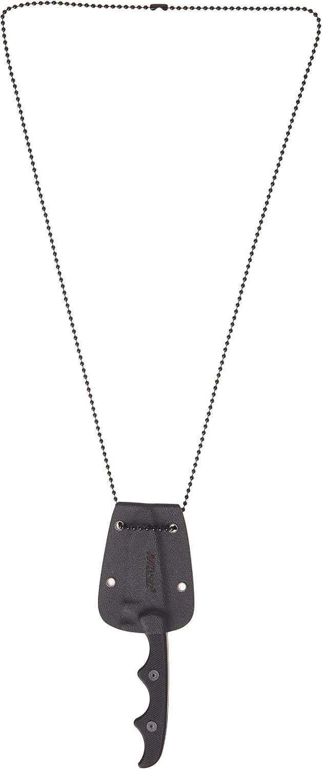 MTech USA MT-673 neck knife sheathed in its molded black sheath, hanging from a long ball chain