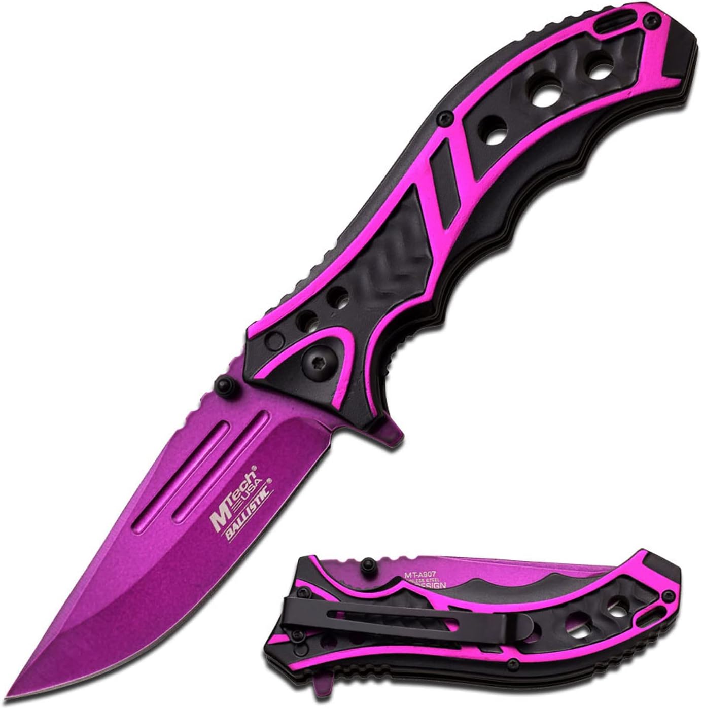 MTech USA MT-A907 spring assist folding knife with a purple coated drop point blade and a pink and black textured handle