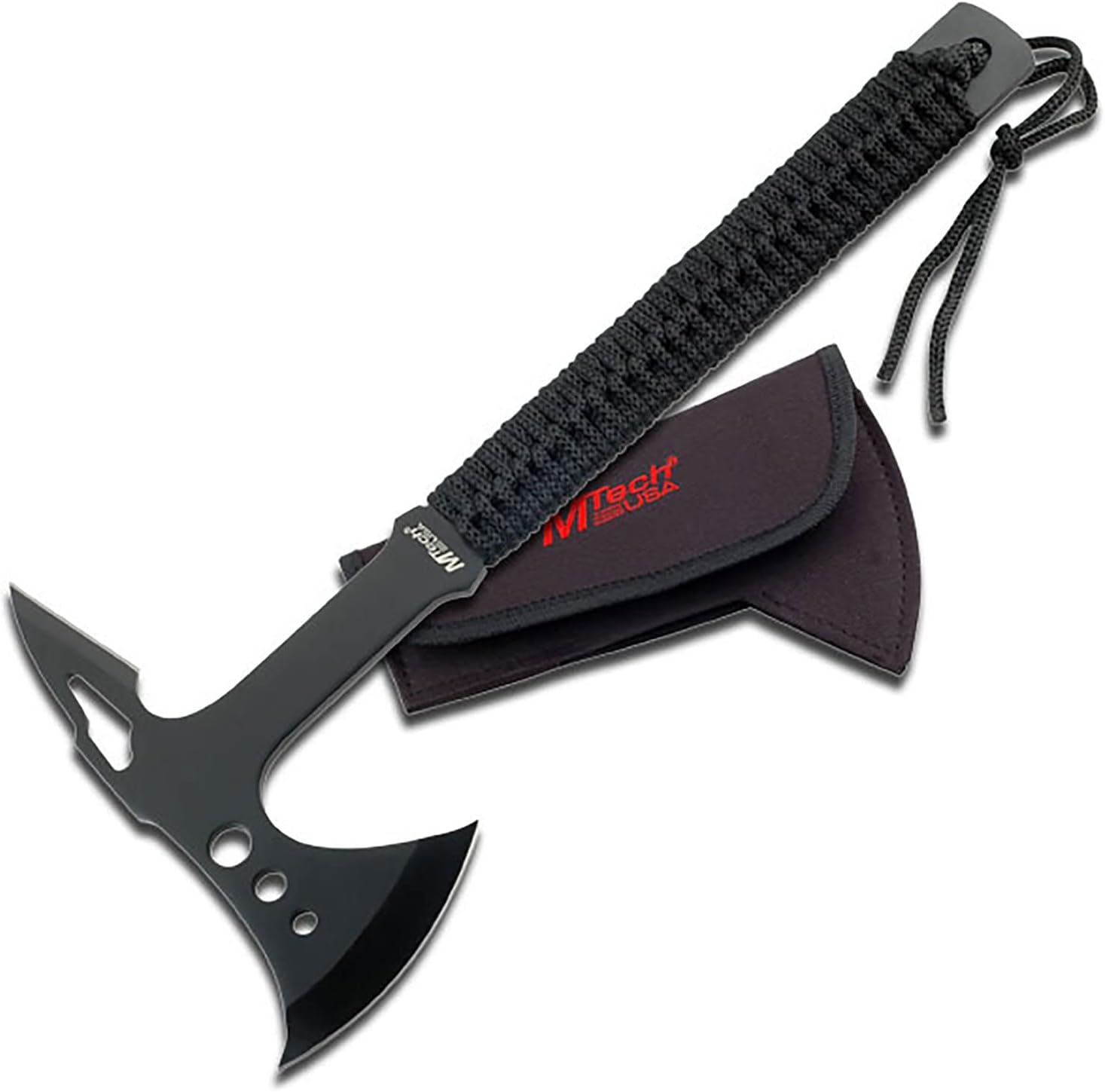 MTech USA MT-AXE8 full tang camping axe with a black head, spike poll, cord-wrapped handle and a black nylon sheath